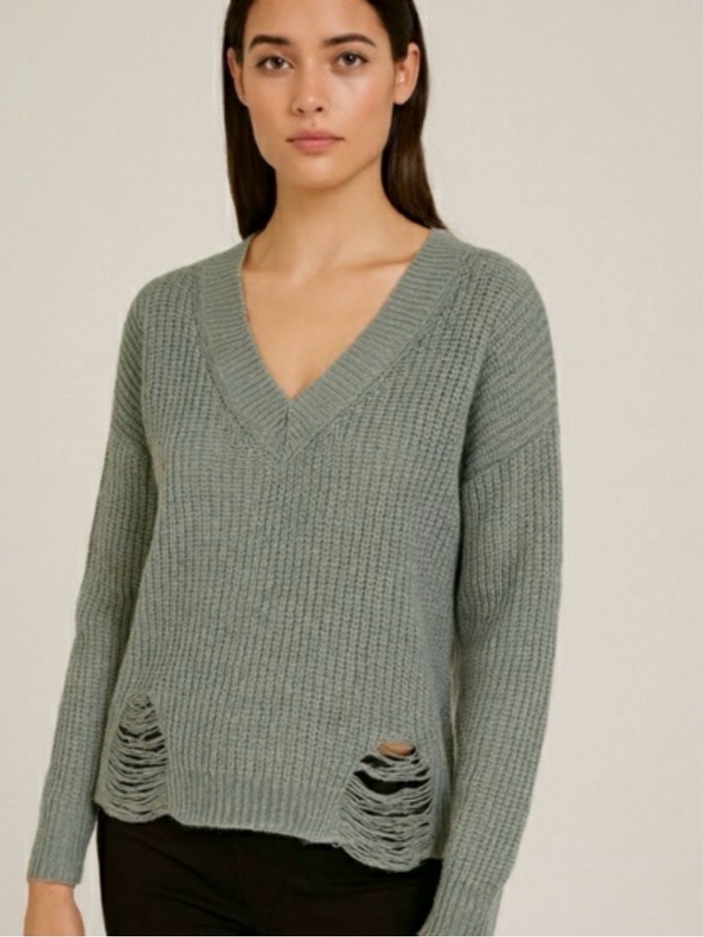 LA MIEL Distressed V-Neck Sweater